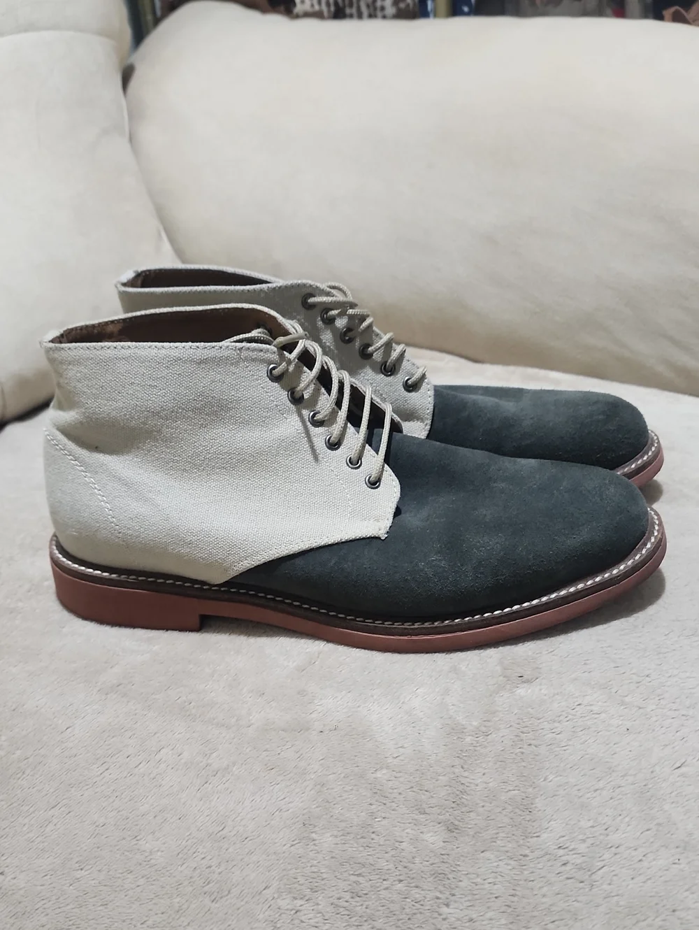 New Condition  Two-Tone Suede & Canvas Chukka Boots - Gray & Cream